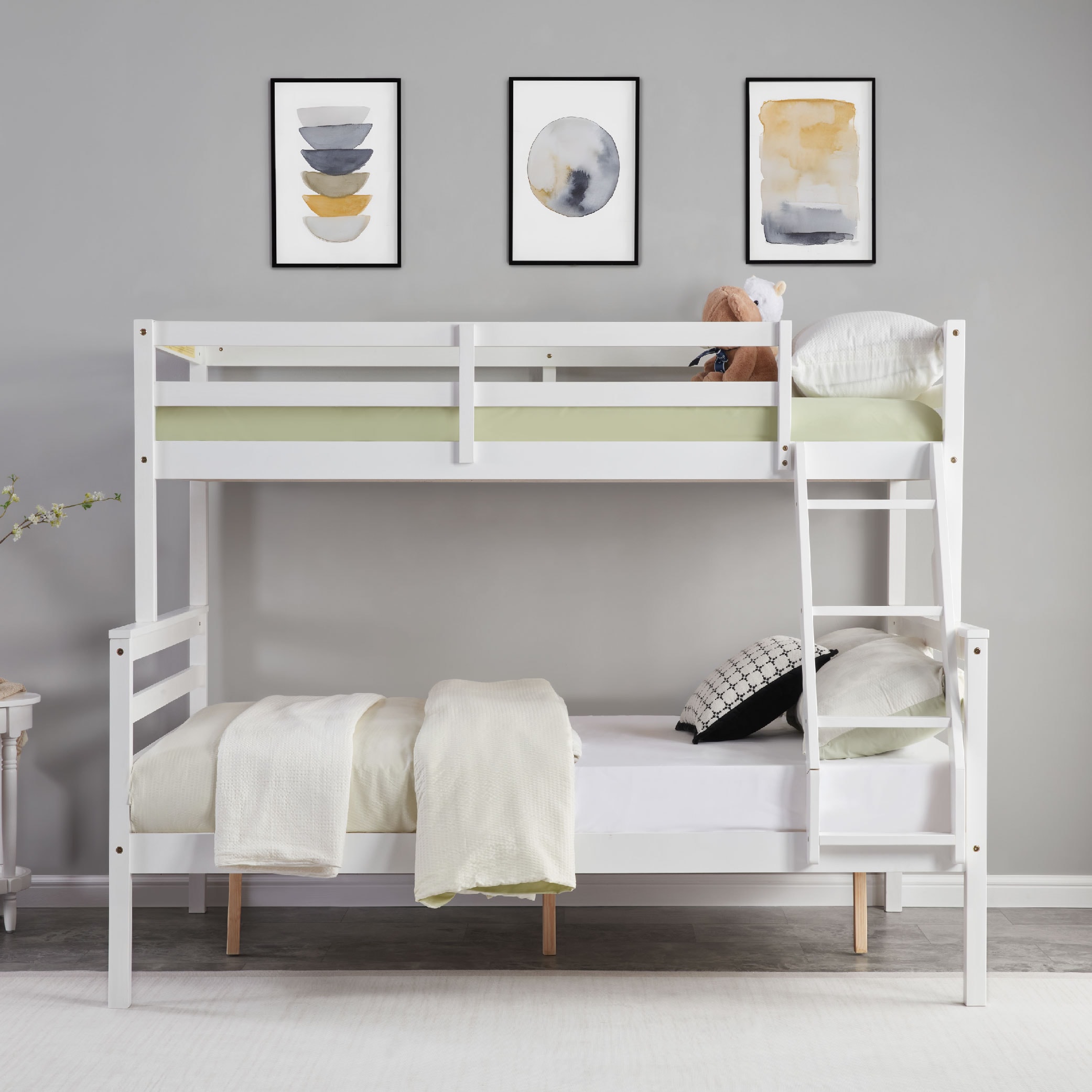 Twin over Full Bunk Bed with Ladder,Wooden Bunk Bed with High Guardrail and Ladder for Kids, Teens, Dorm Rooms, and Guest Rooms,No Box Spring Needed,White Twin over Full Bunk Bed with Ladder,Wooden Bunk Bed with High Guardrail and Ladder for Kids, Teens, Dorm Rooms, and Guest Rooms,No Box Spring Needed,White